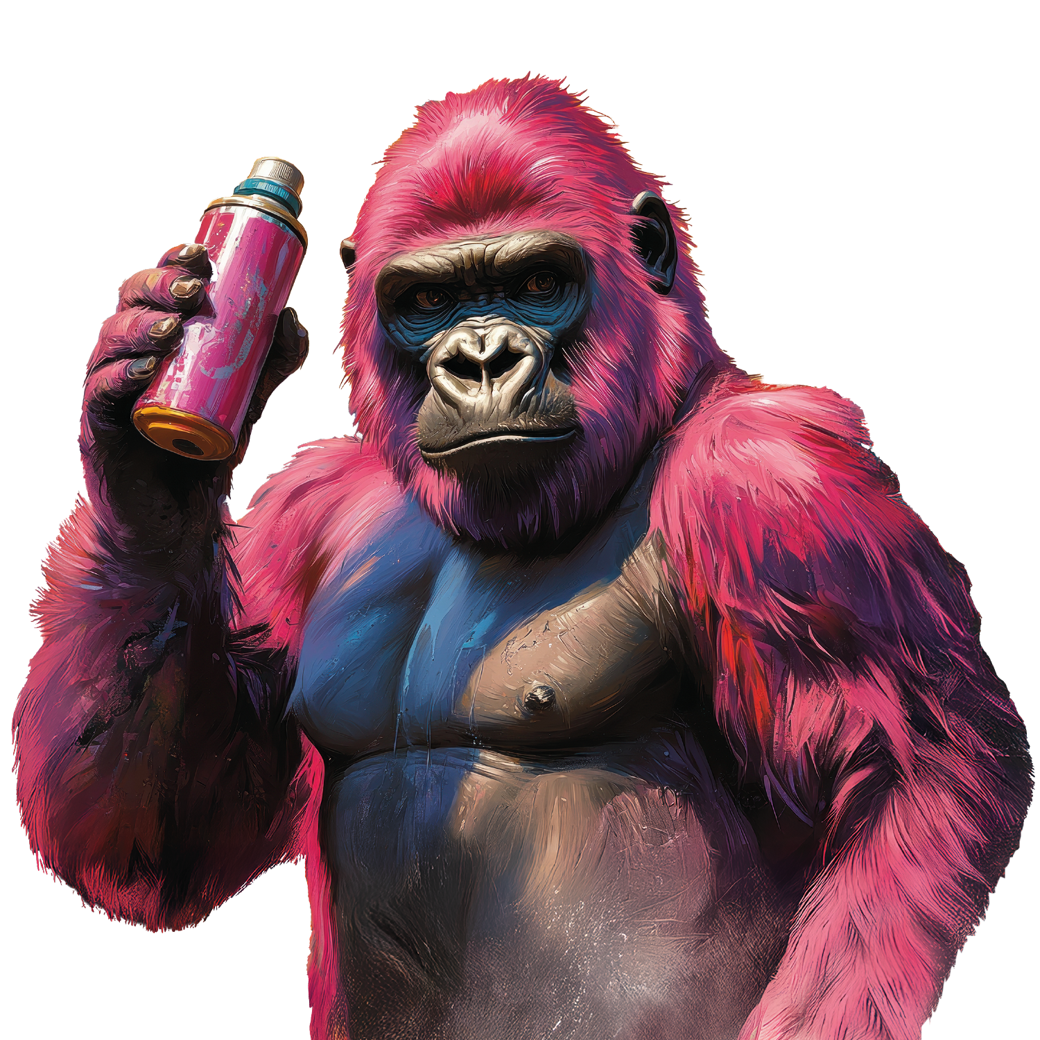 Illustration eines muskulösen Gorillas mit pinkem Fell, der eine pinkfarbene Sprühdose in der rechten Hand hält; der Gorilla schaut ernst in die Kamera, der Hintergrund ist transparent.