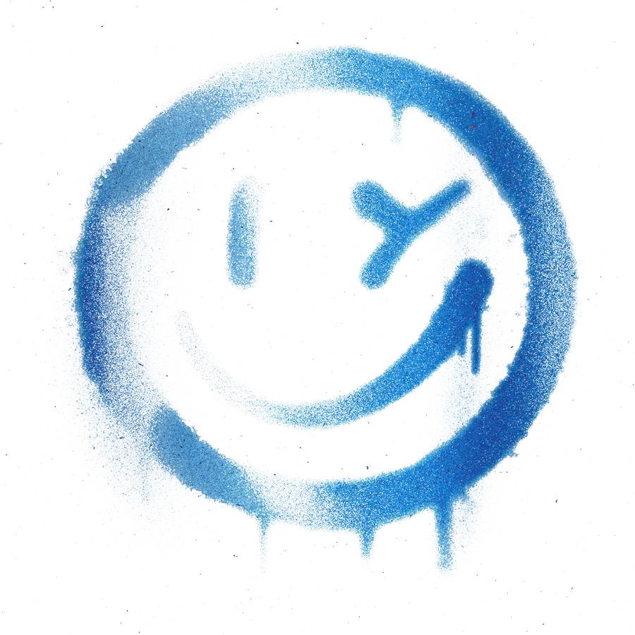 Blaues Smiley-Graffiti mit zwinkerndem Auge, grob gesprüht auf transparentem Hintergrund mit Farbspritzern und Tropfnasen.