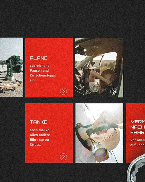 2/3: Sechs Kacheln mit Tipps zur Wohnmobilreise, darunter „Plane Pausen“, „Tanke nochmal voll“ und Bilder vom Innenraum eines Autos und einer Zapfpistole.